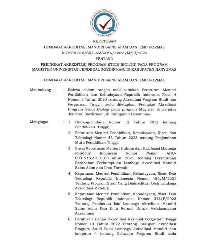 Program Studi Magister Biologi Universitas Jenderal Soedirman (UNSOED) Meraih Akreditasi Unggul